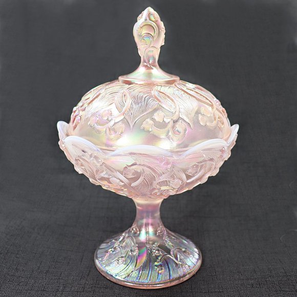 Fenton Other Fenton Pink Opalescent Lily Of The Valley Tall Footed Candy Box Dish With Lid